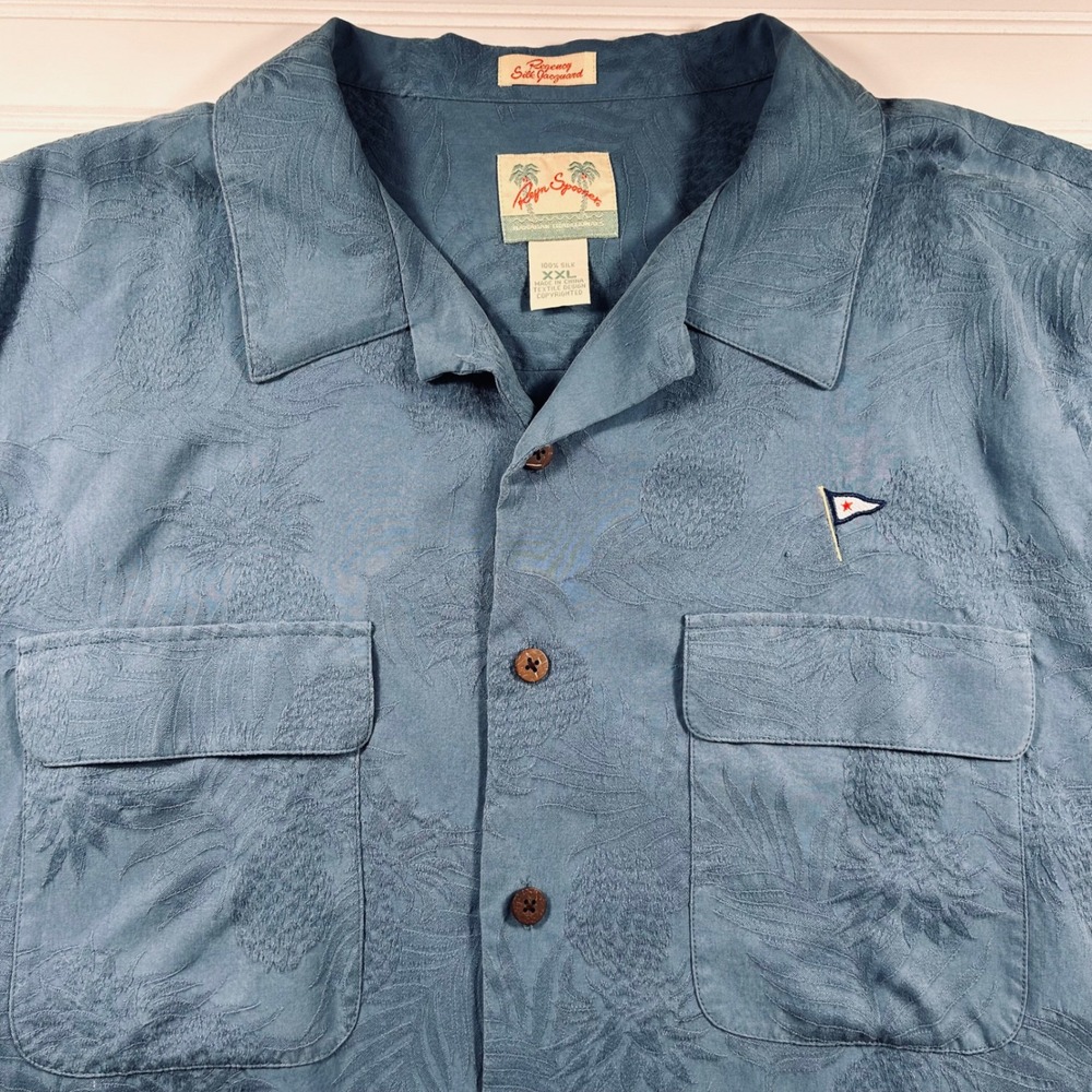Reyn Spooner Regency Silk Jacquard Camp Shirt Mens XXL Blue Pineapple Hawaiian